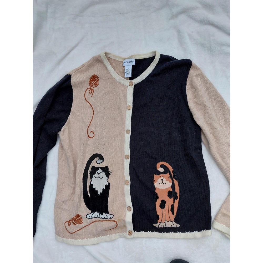 Breckenridge Vintage Cat Yarn Colorblock Cardigan Sweater Tan Black Medium